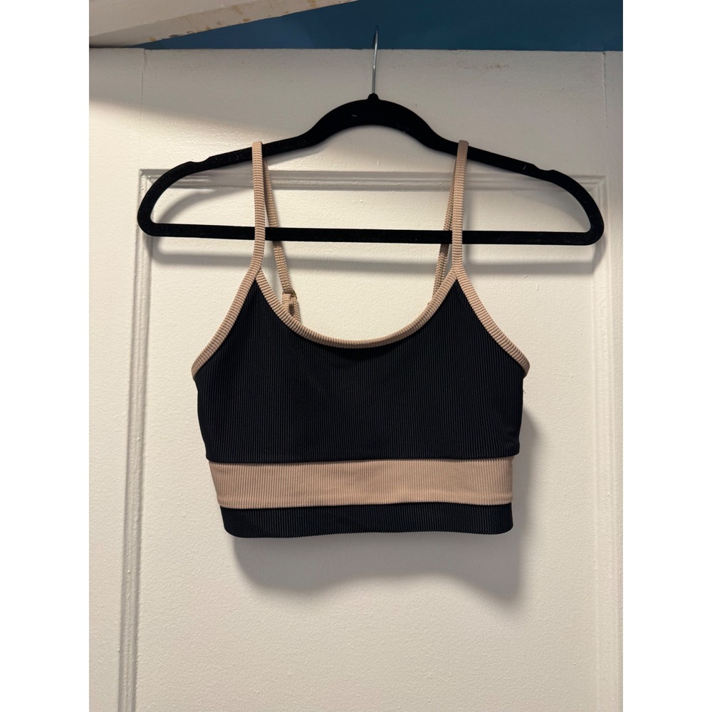 Beach Riot Ribbed Sports Bra Black Tan Colorblock Adjustable Strap Crop Top S